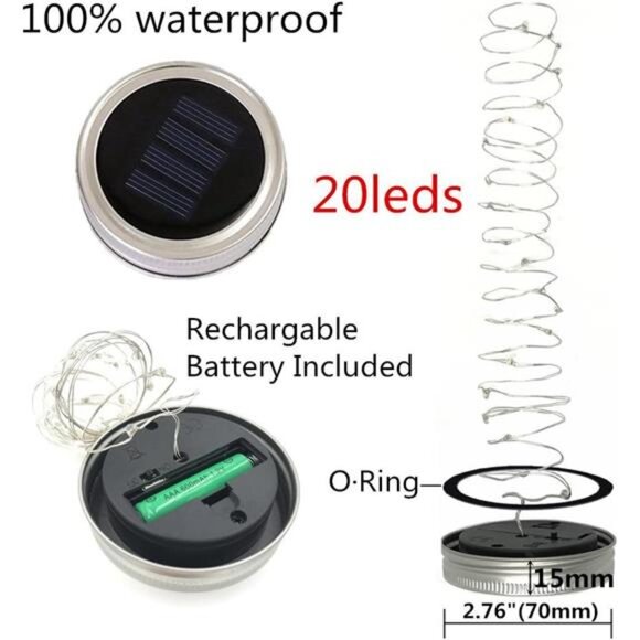 6-Pack Solar-powered Mason Jar Lights 20 LEDs (6 Hanger Included / No Jar),Warm - Picture 2 of 8